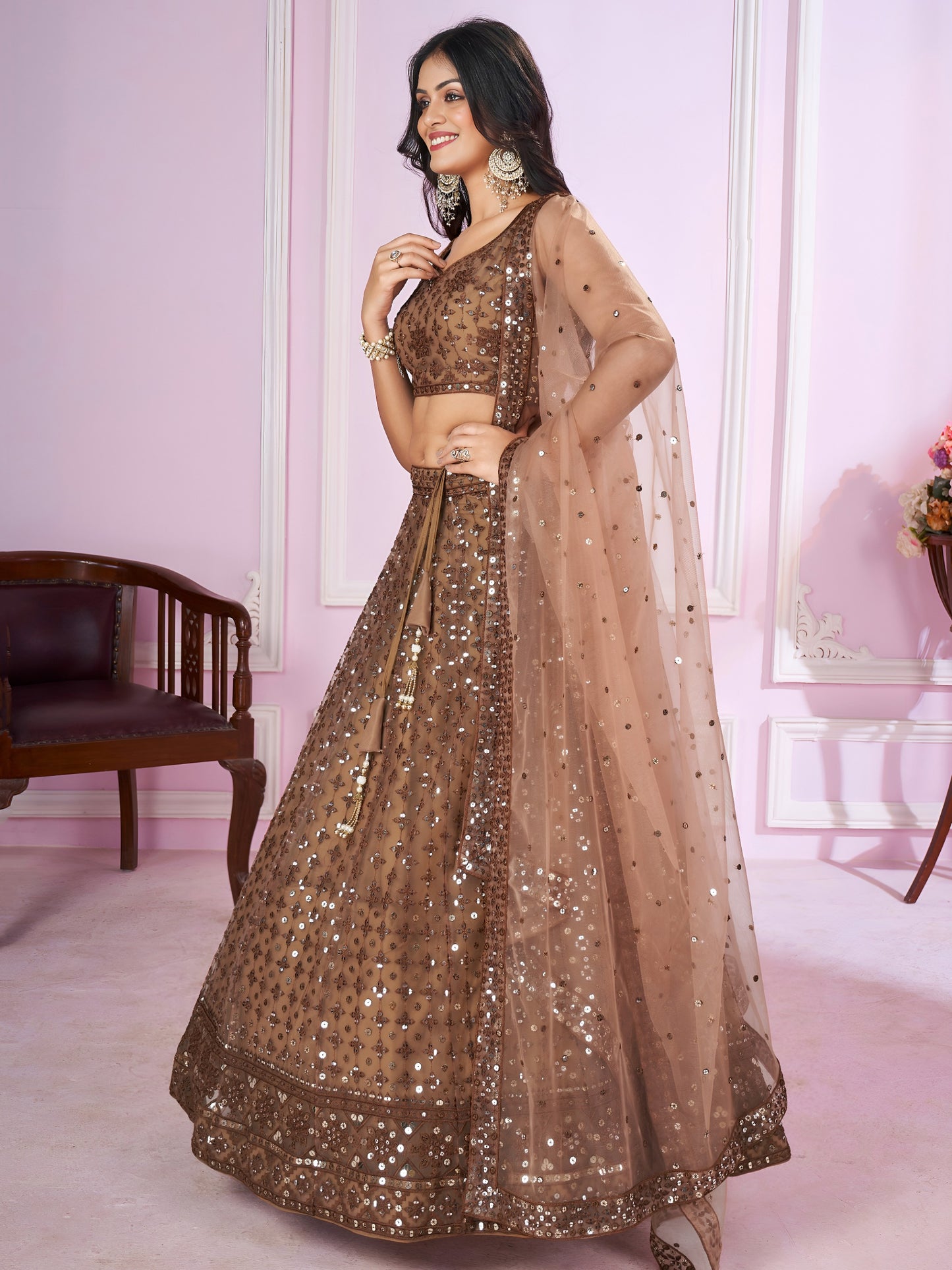 Brown Sequins Embroidered Designer Lehenga Choli