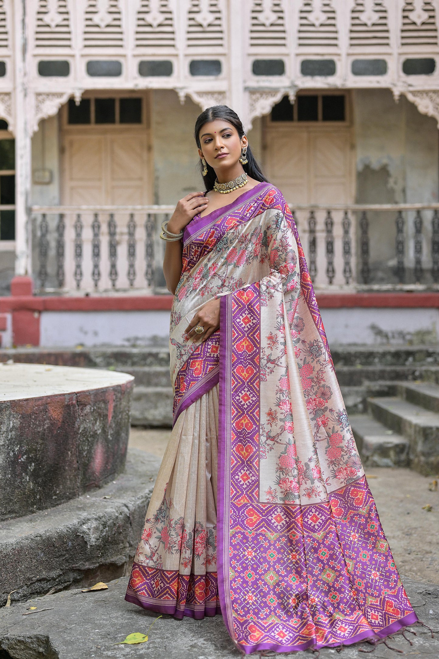 MIXTURE OF  TUSSAR SILK AND PATOLA PRINT  Soft Tussar Silk with beautiful patola Saree