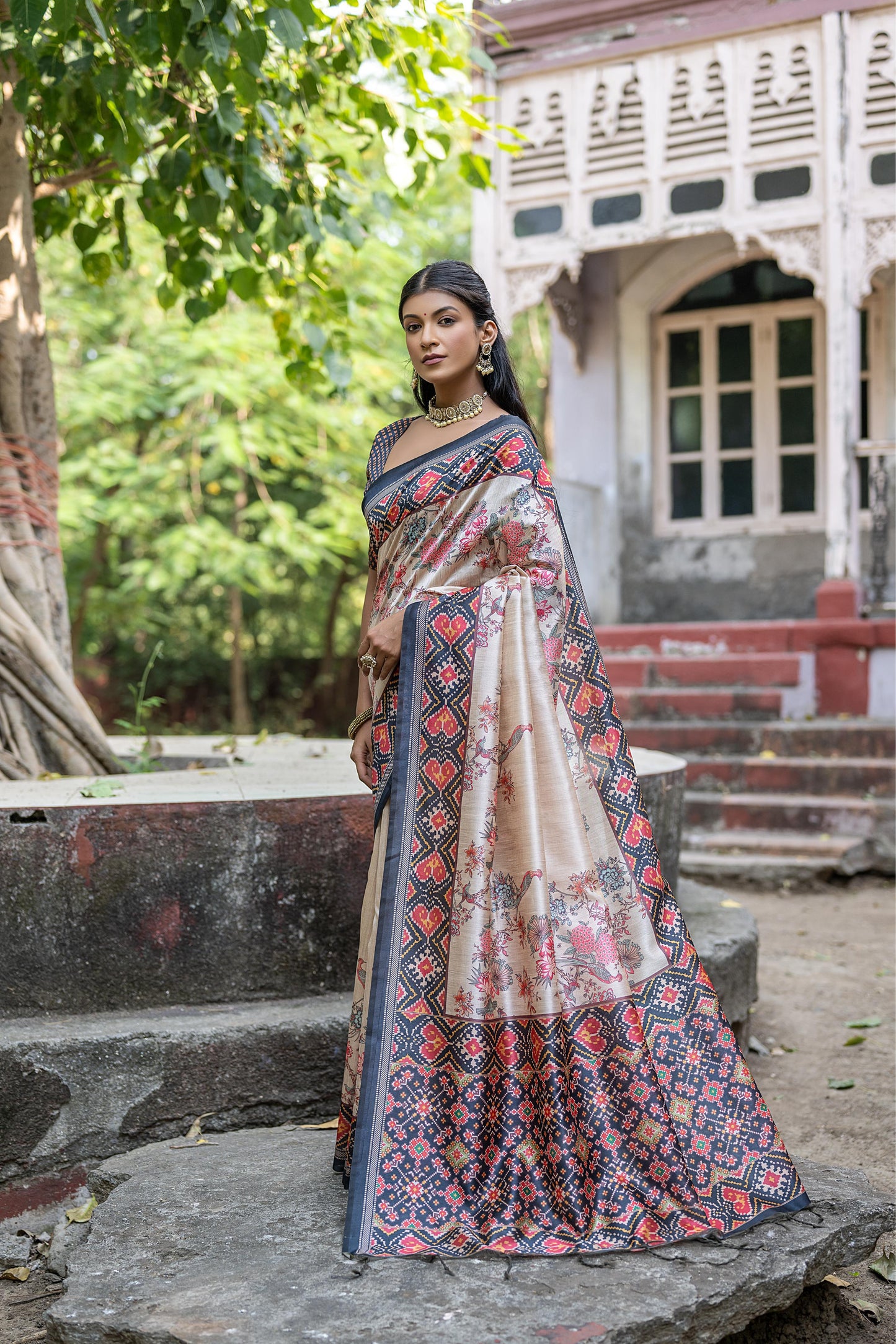 MIXTURE OF  TUSSAR SILK AND PATOLA PRINT  Soft Tussar Silk with beautiful patola Saree