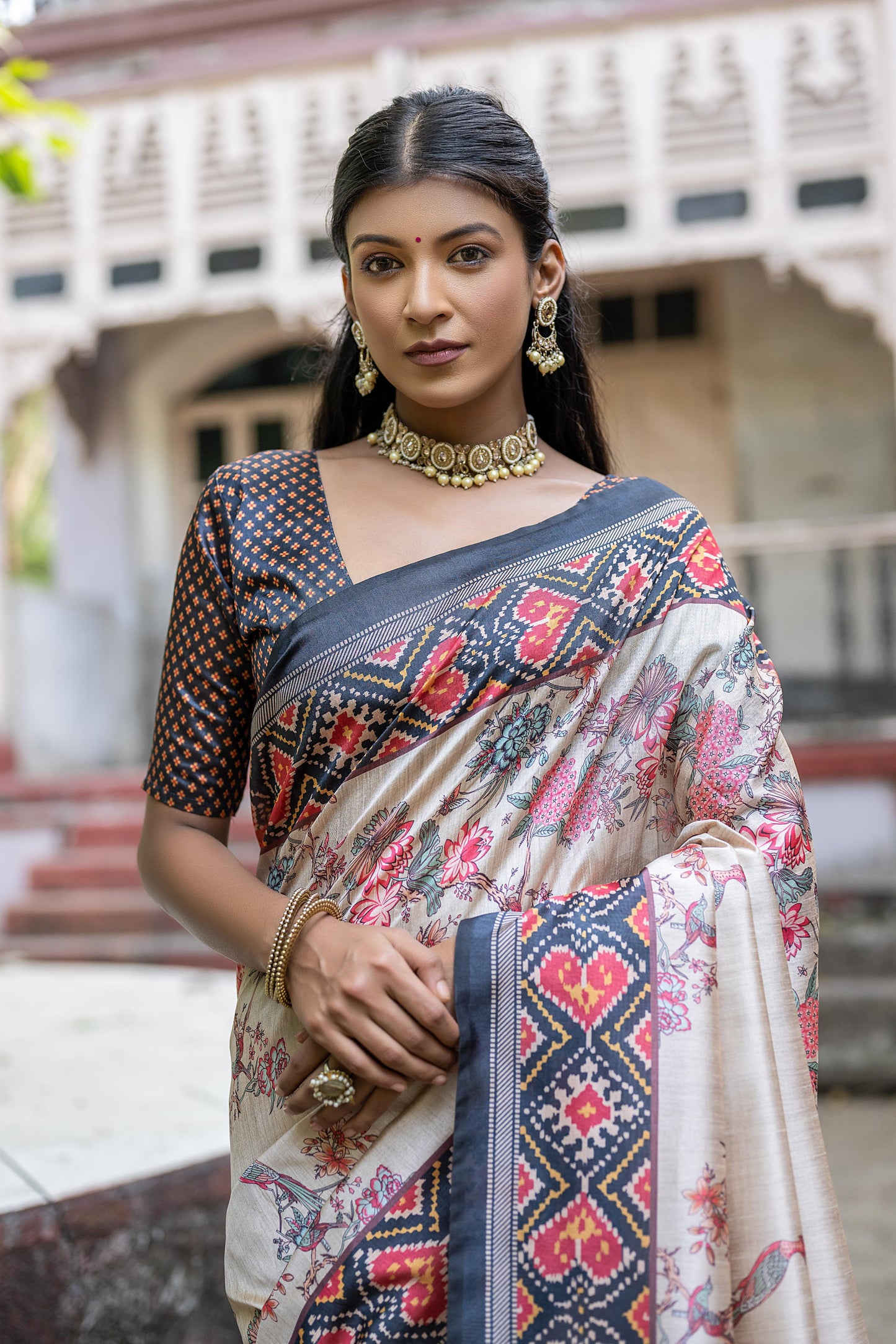 MIXTURE OF  TUSSAR SILK AND PATOLA PRINT  Soft Tussar Silk with beautiful patola Saree