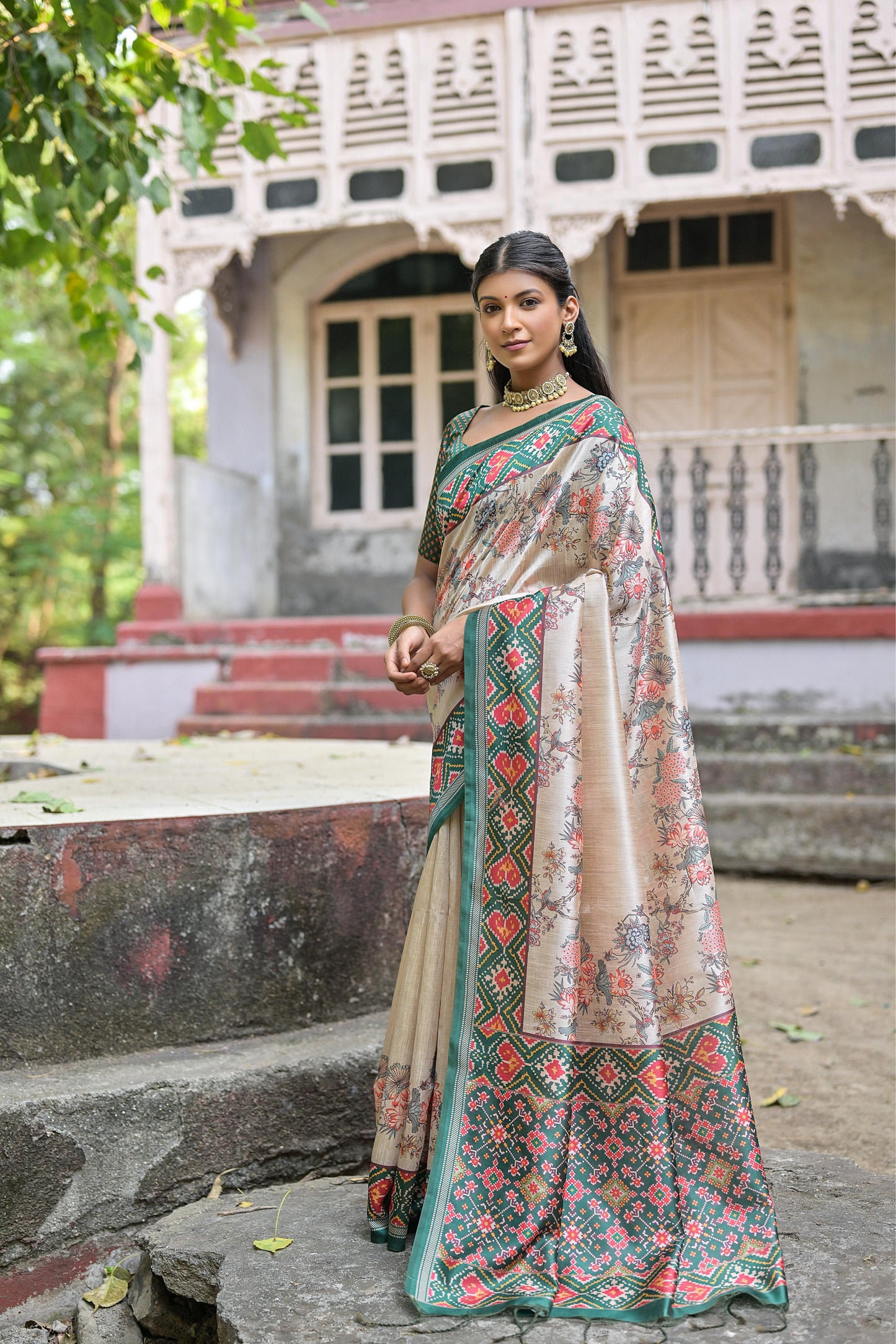 MIXTURE OF  TUSSAR SILK AND PATOLA PRINT  Soft Tussar Silk with beautiful patola Saree