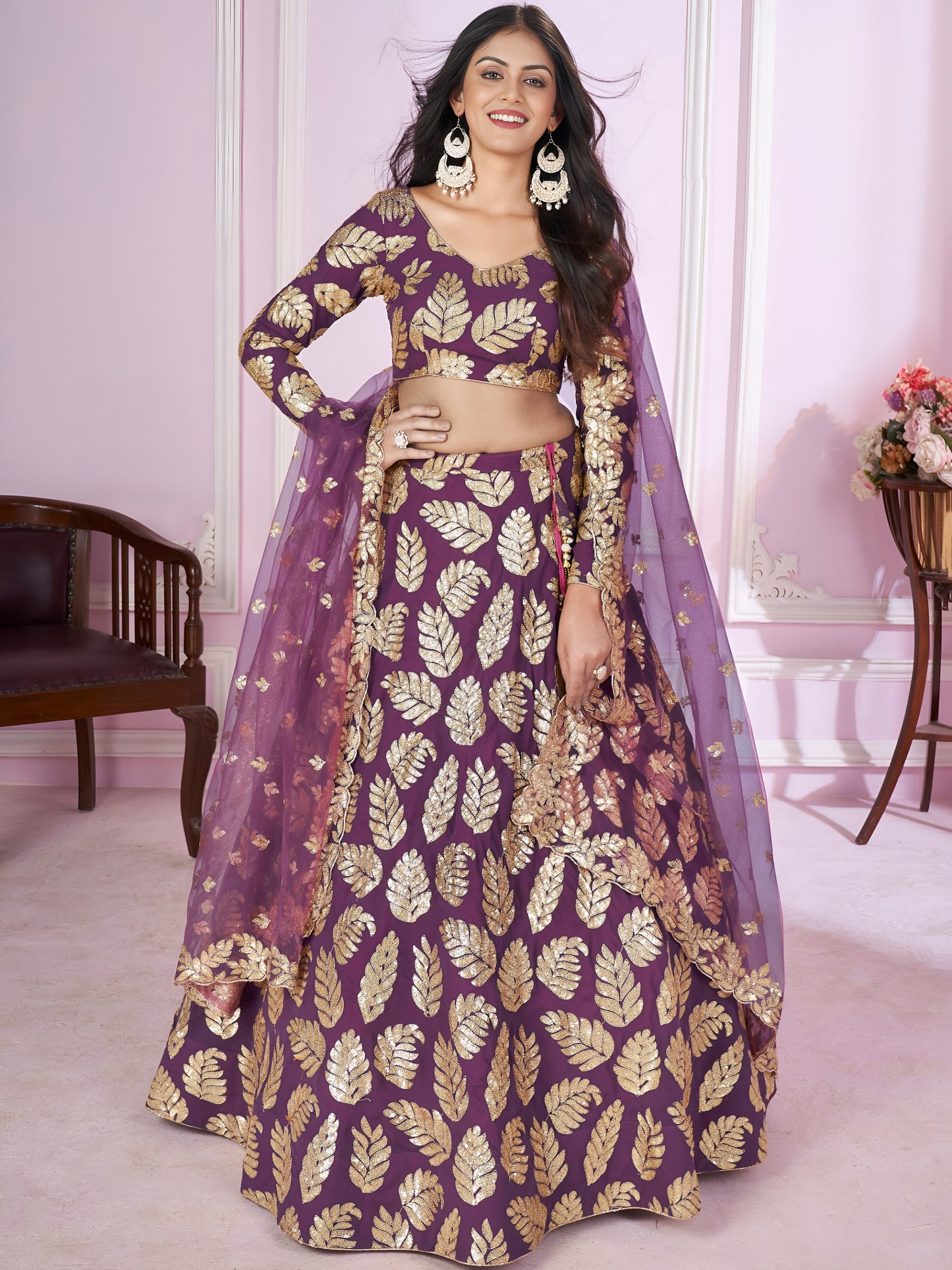 Purple Sequins Leaf Designer Lehenga Choli