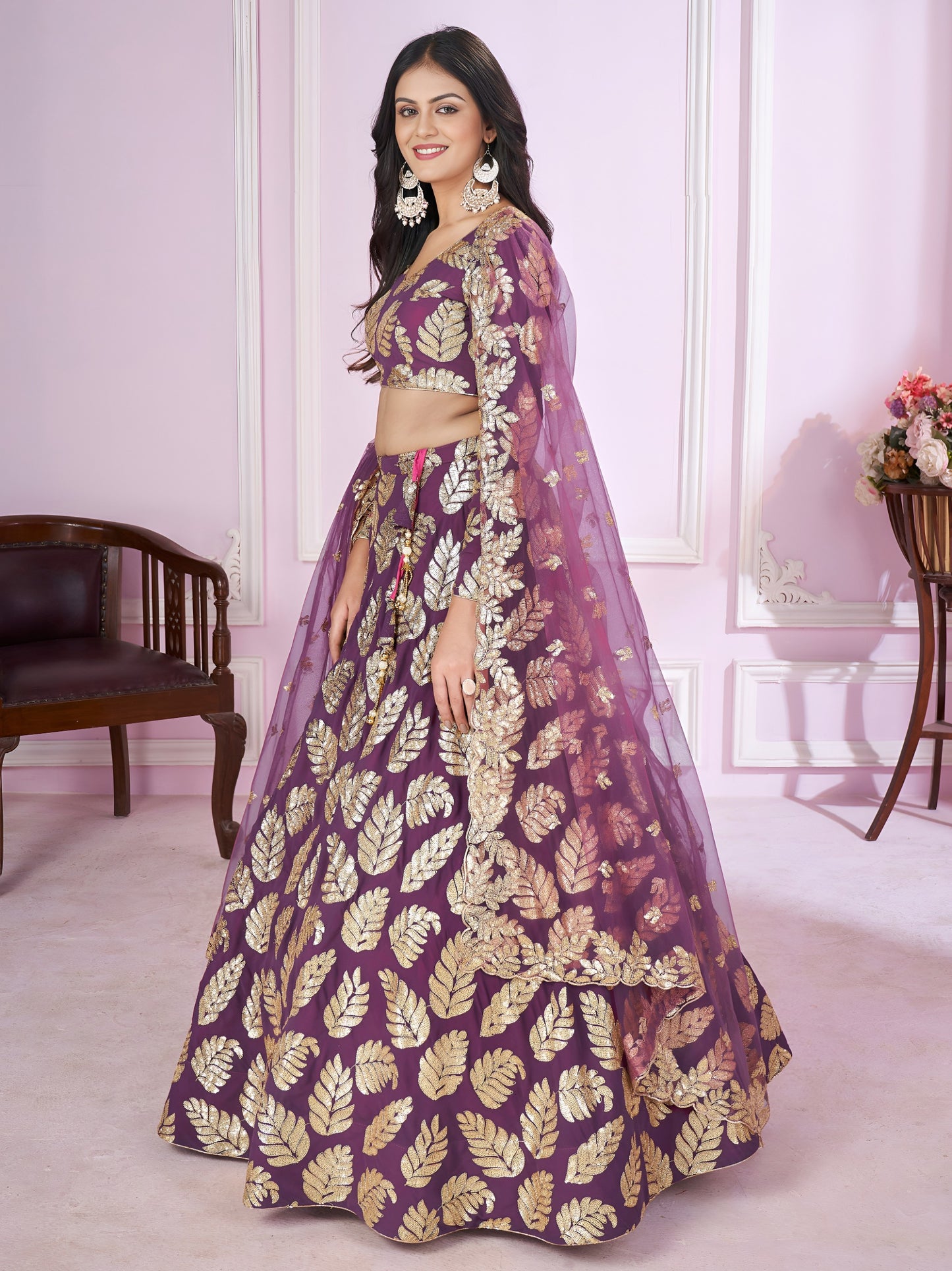 Purple Sequins Leaf Designer Lehenga Choli