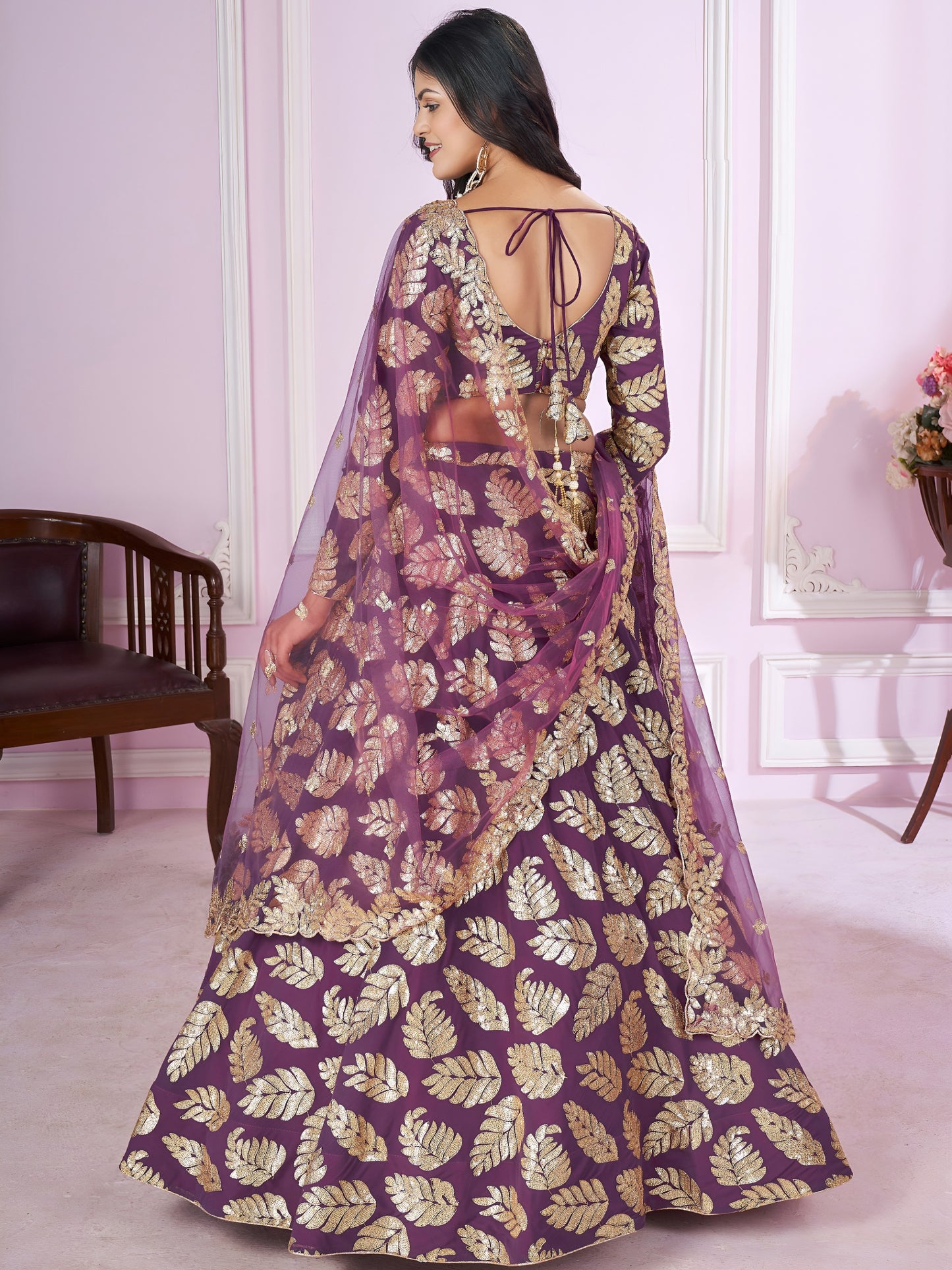 Purple Sequins Leaf Designer Lehenga Choli
