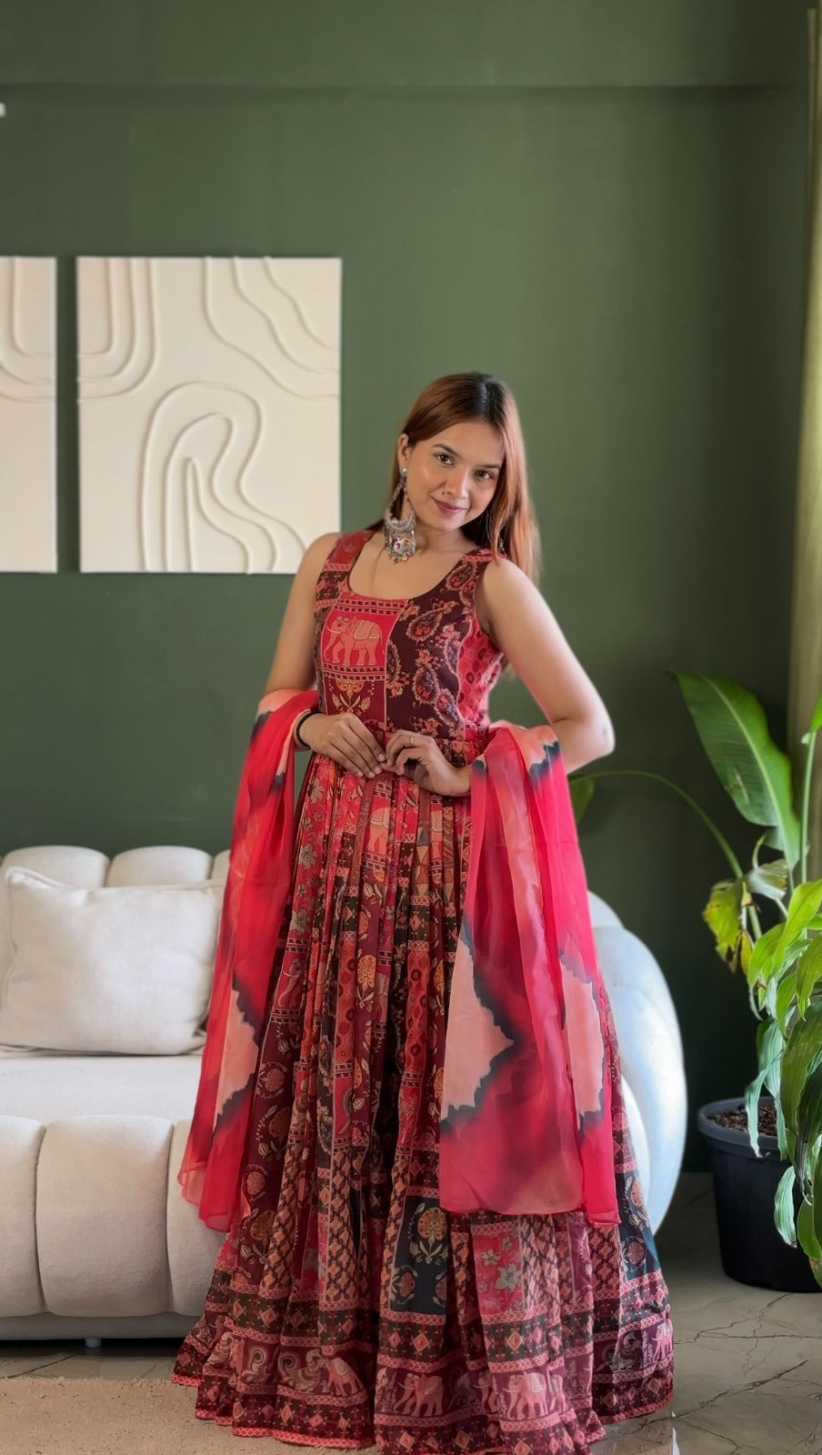 Elegant Patola printed festive gown with graceful flair