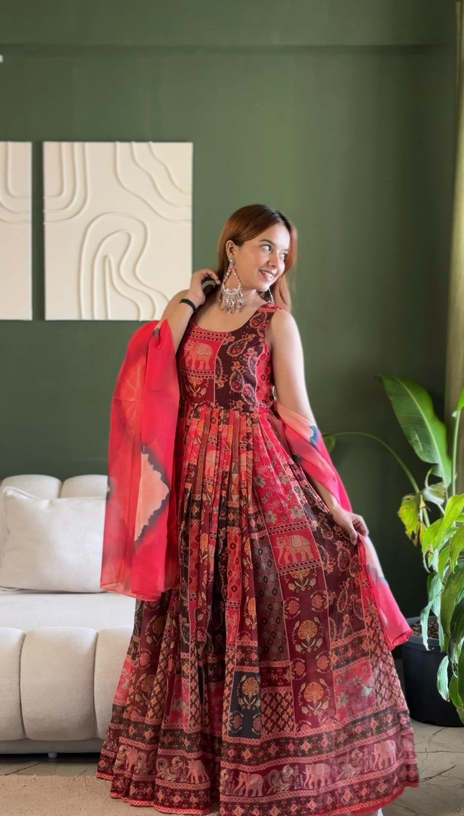 Elegant Patola printed festive gown with graceful flair