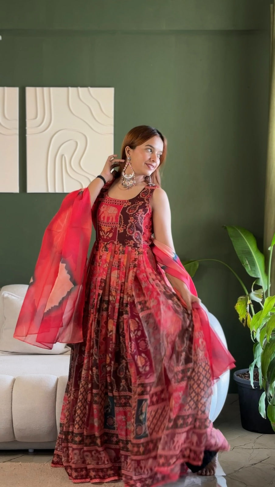 Elegant Patola printed festive gown with graceful flair