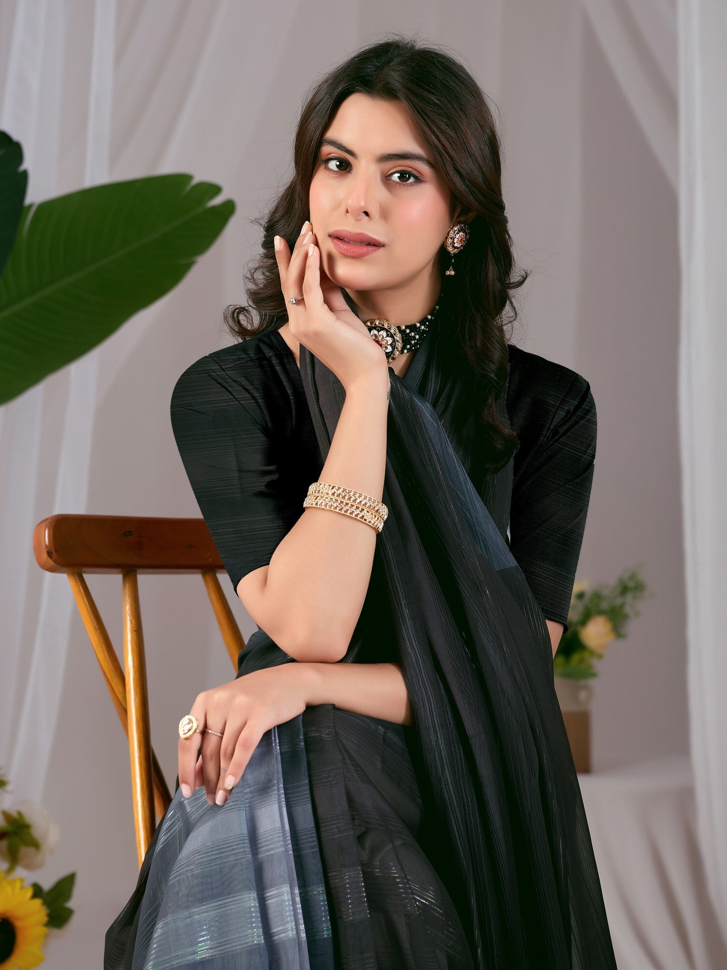 Premium Monsoon Saree featuring a classy ombré blend of deep black and smoky grey tones with a silky smooth flow of saree
