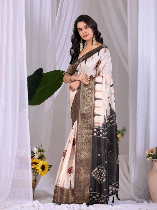 Soft Lichi Silk Saree with elegant traditional motifs in subtle cream and black shades with a woven border of saree