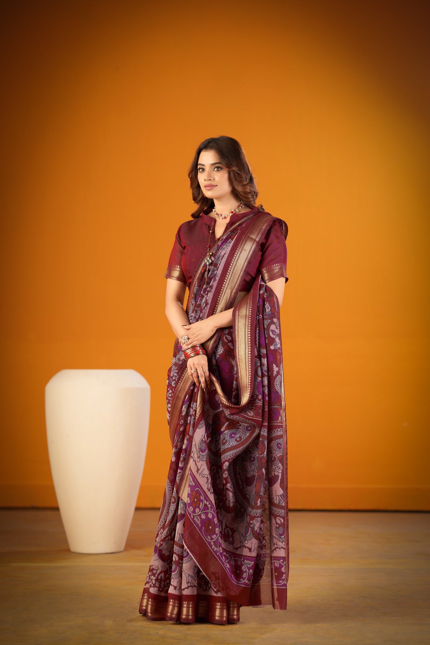 Elegant Kalamkari artistry paired with shimmering zari weaving makes this Chanderi saree a perfect choice for festive and ethnic occasions
