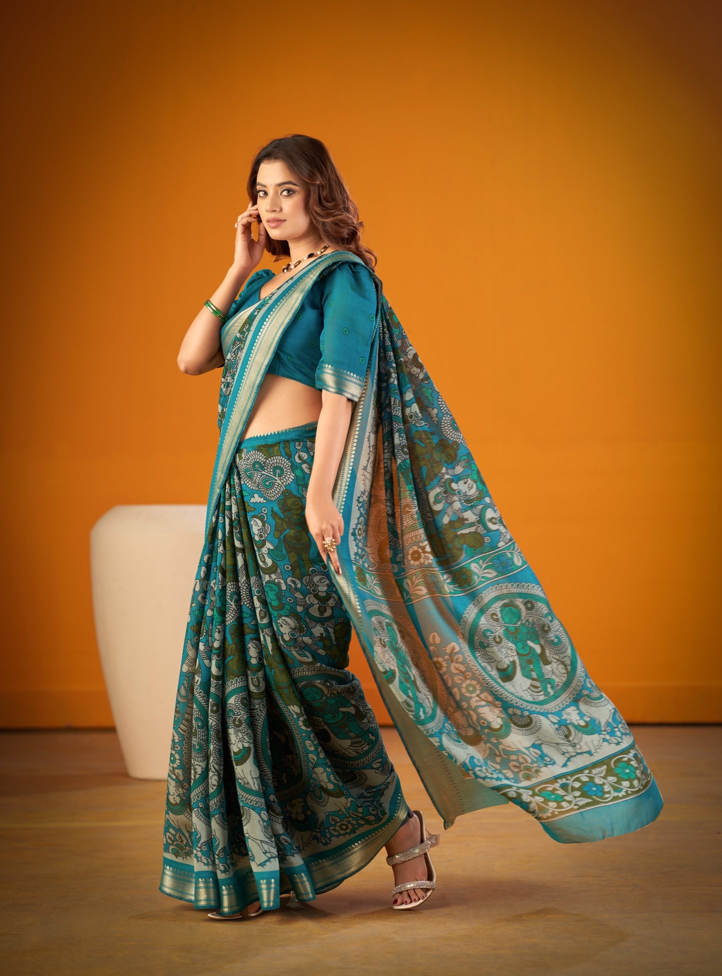 Elegant Kalamkari artistry paired with shimmering zari weaving makes this Chanderi saree a perfect choice for festive and ethnic occasions