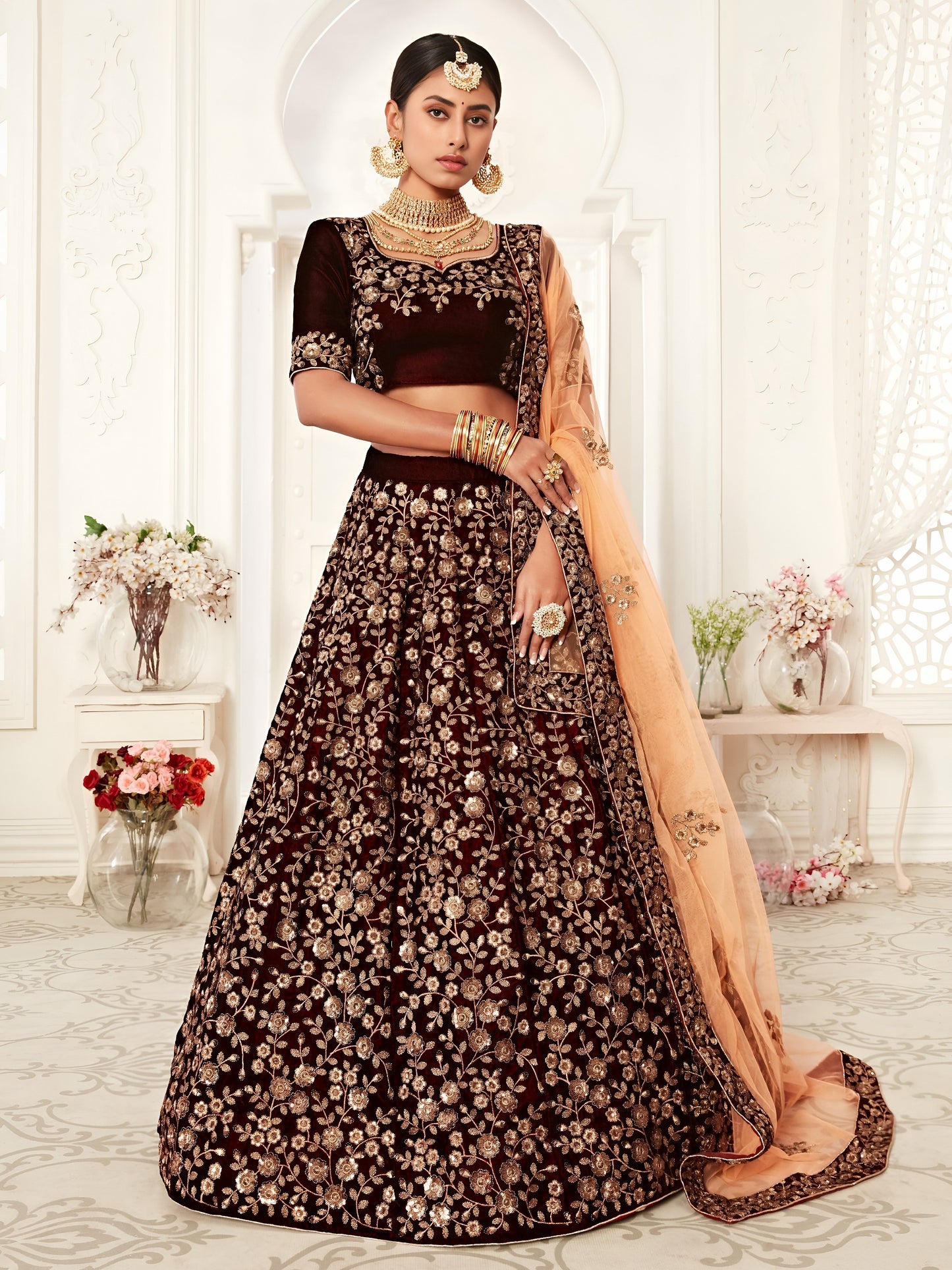 Maroon Velvet Heavy Embroidered Bridal Lehenga Choli