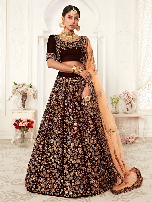 Maroon Velvet Heavy Embroidered Bridal Lehenga Choli