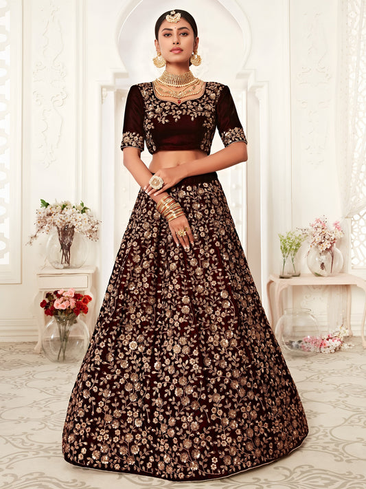 Maroon Velvet Heavy Embroidered Bridal Lehenga Choli