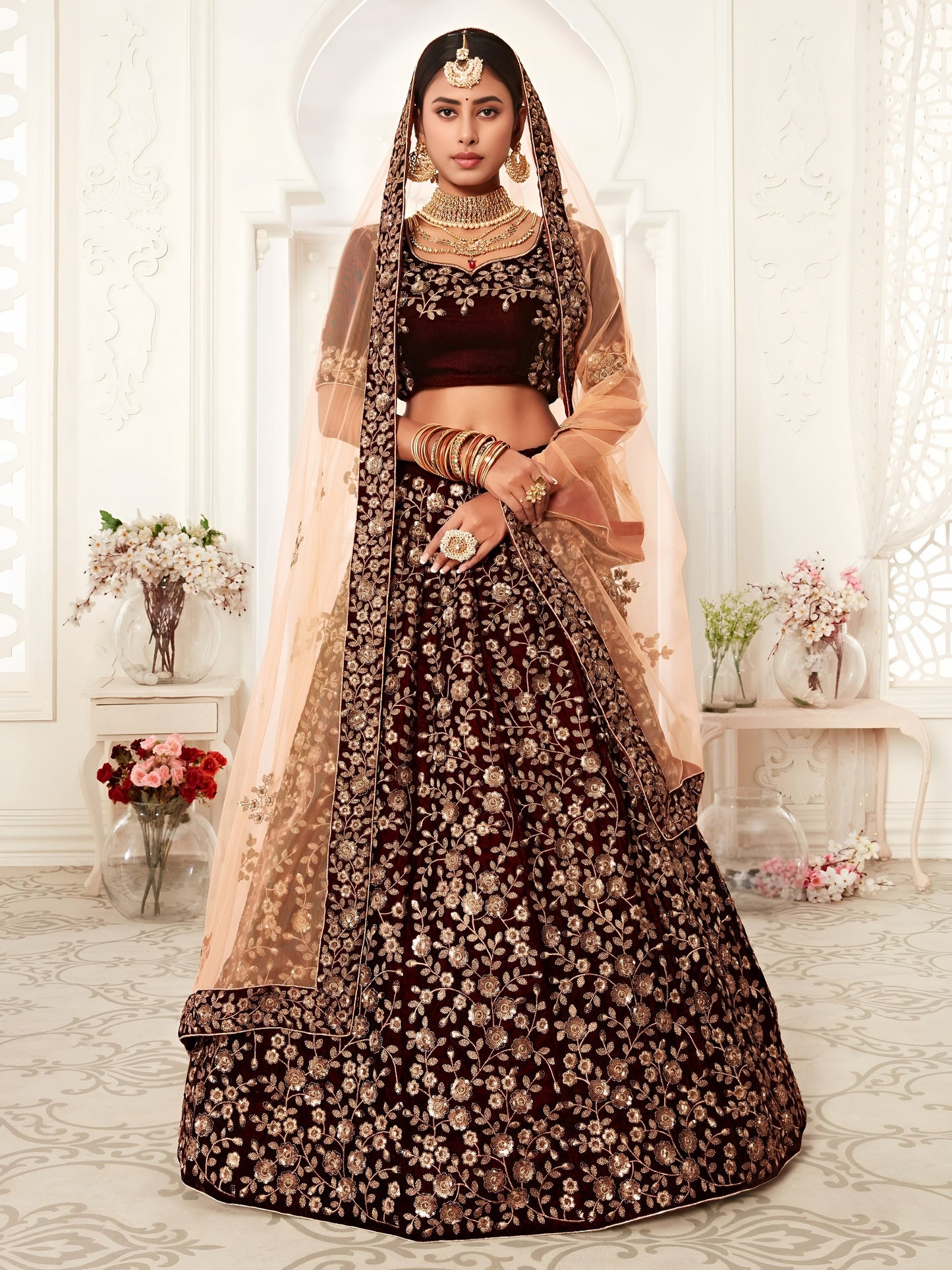 Maroon Velvet Heavy Embroidered Bridal Lehenga Choli