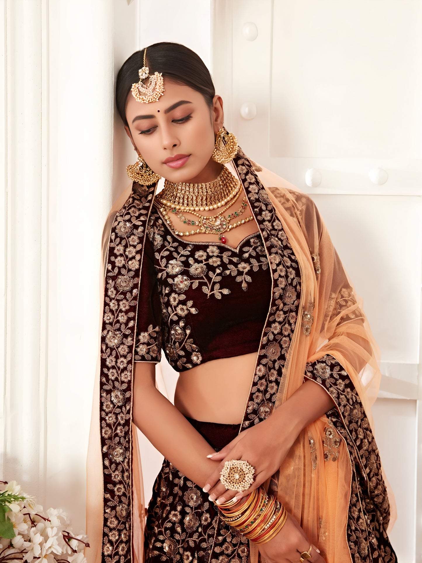 Maroon Velvet Heavy Embroidered Bridal Lehenga Choli