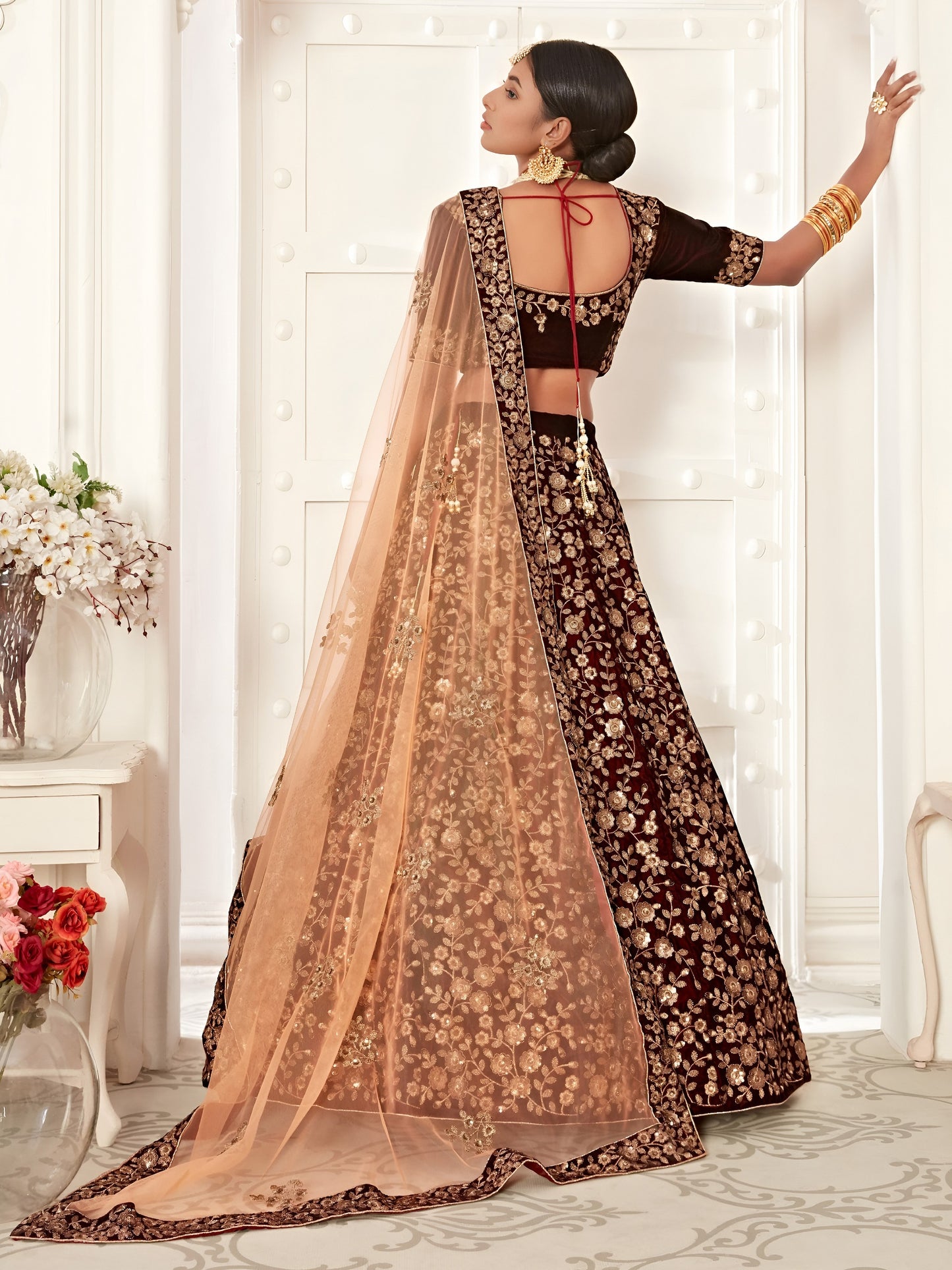 Maroon Velvet Heavy Embroidered Bridal Lehenga Choli