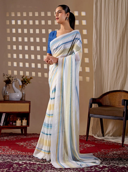 Premium Monsoon Saree featuring a soothing white base enhanced with elegant blue and yellow stripe patterns of saree