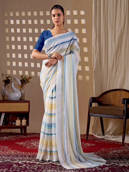 Premium Monsoon Saree featuring a soothing white base enhanced with elegant blue and yellow stripe patterns of saree