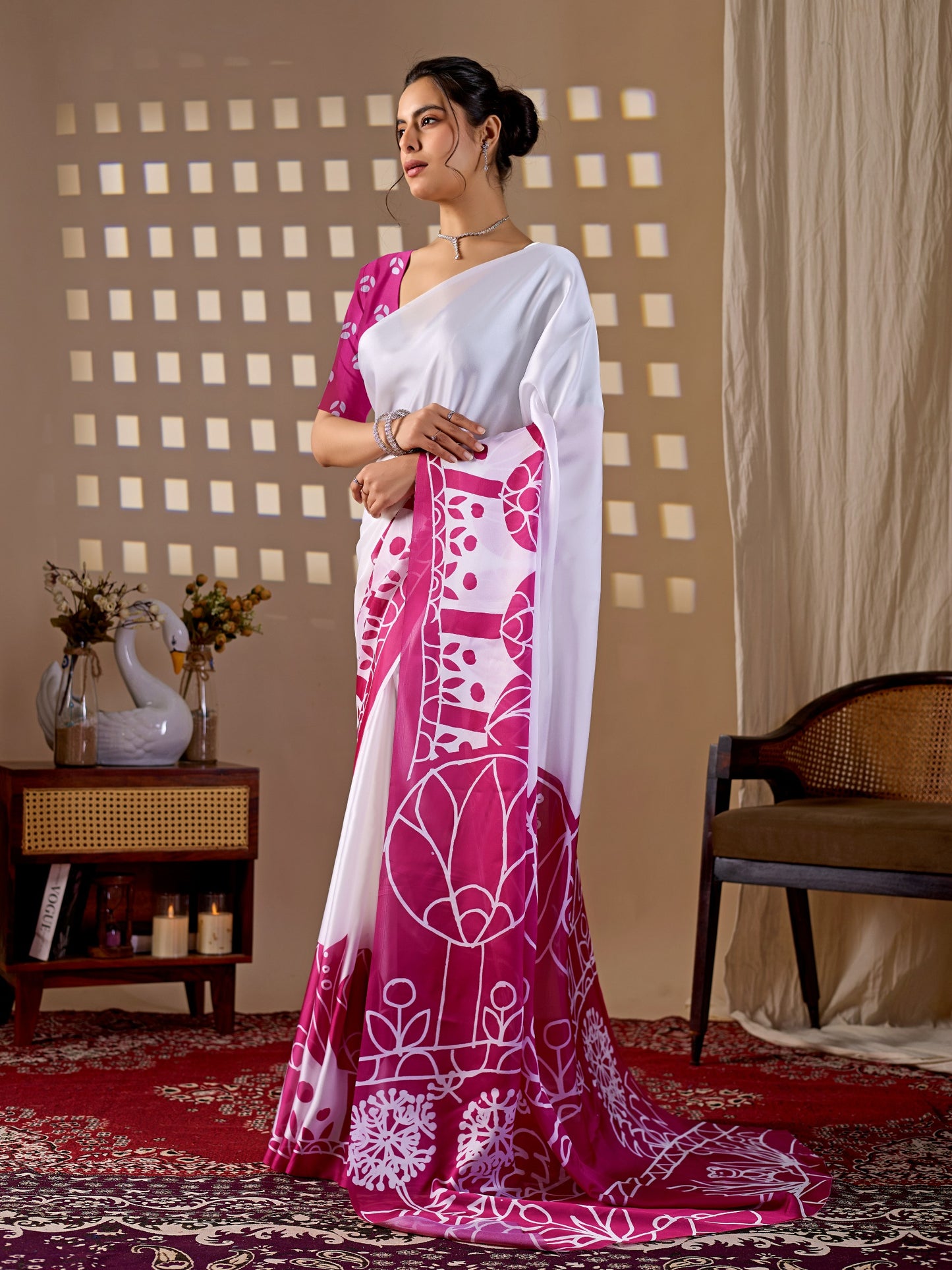 Elegant soft satin georgette saree featuring beautiful artistic floral saree