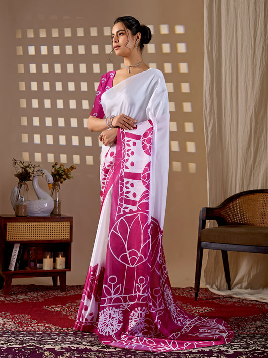 Elegant soft satin georgette saree featuring beautiful artistic floral saree