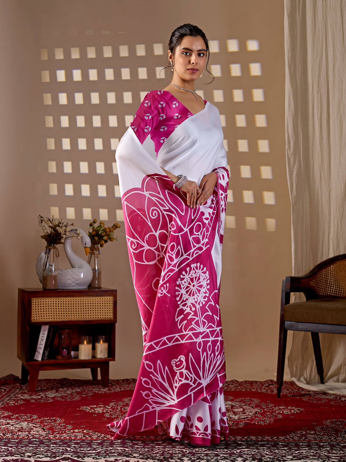 Elegant soft satin georgette saree featuring beautiful artistic floral saree