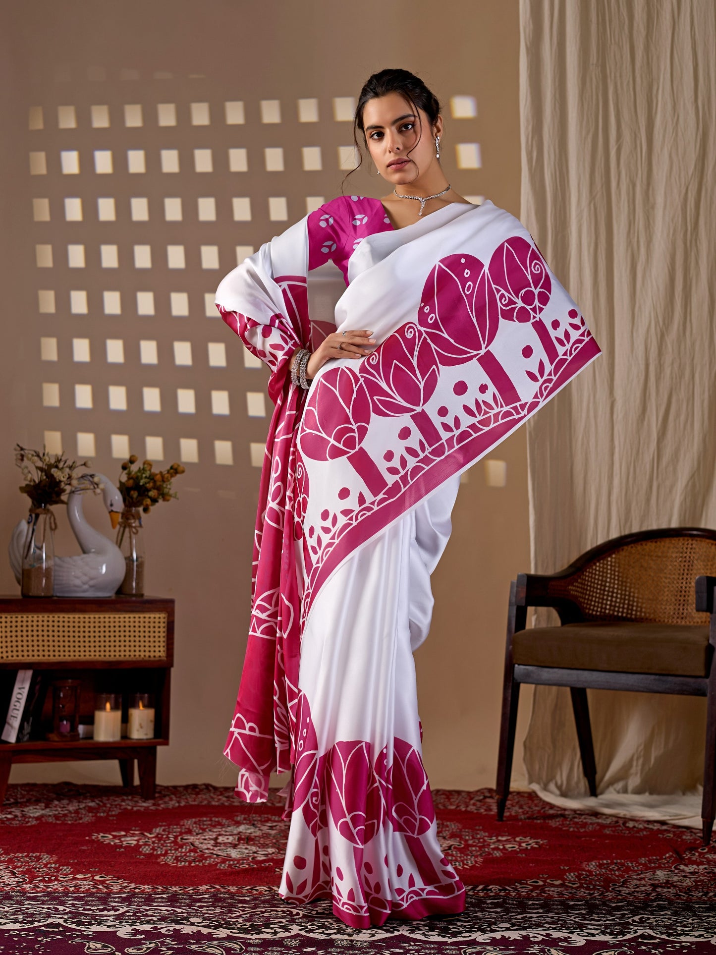 Elegant soft satin georgette saree featuring beautiful artistic floral saree