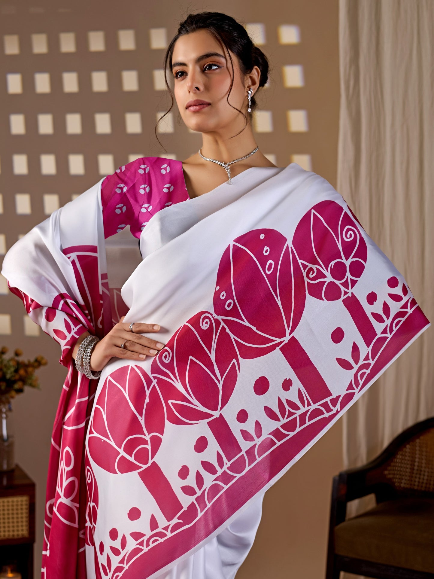 Elegant soft satin georgette saree featuring beautiful artistic floral saree