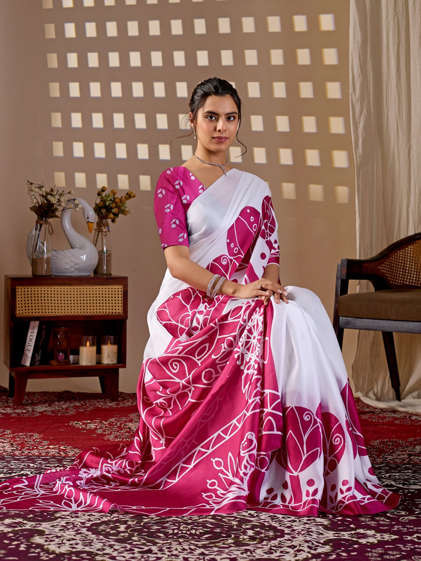 Elegant soft satin georgette saree featuring beautiful artistic floral saree