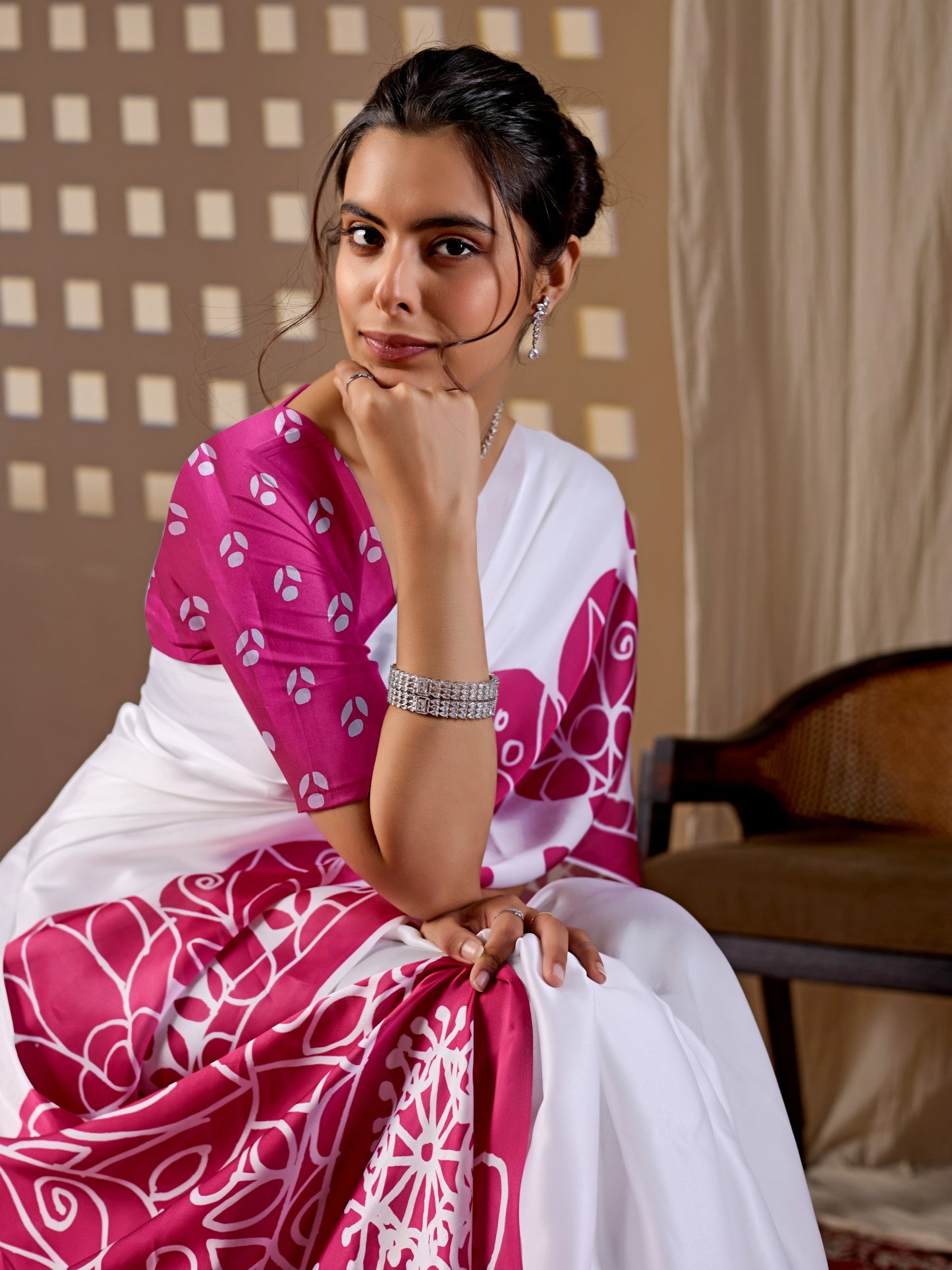 Elegant soft satin georgette saree featuring beautiful artistic floral saree