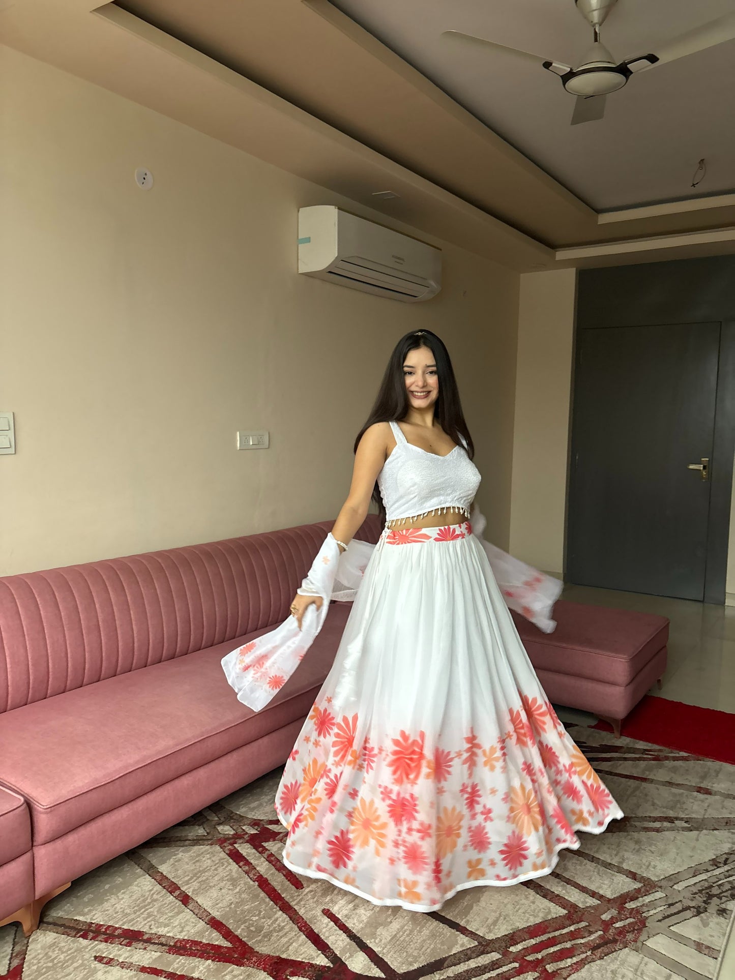 Unfold the beauty of Tussar florals of lehengha choli