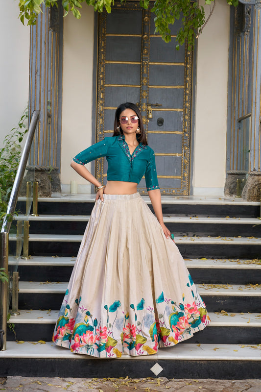 Unfold the beauty of Tussar florals of lehengha choli