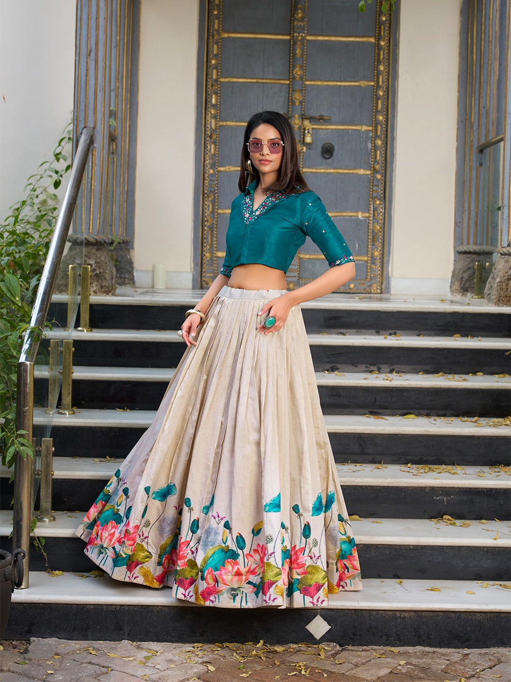 Unfold the beauty of Tussar florals of lehengha choli