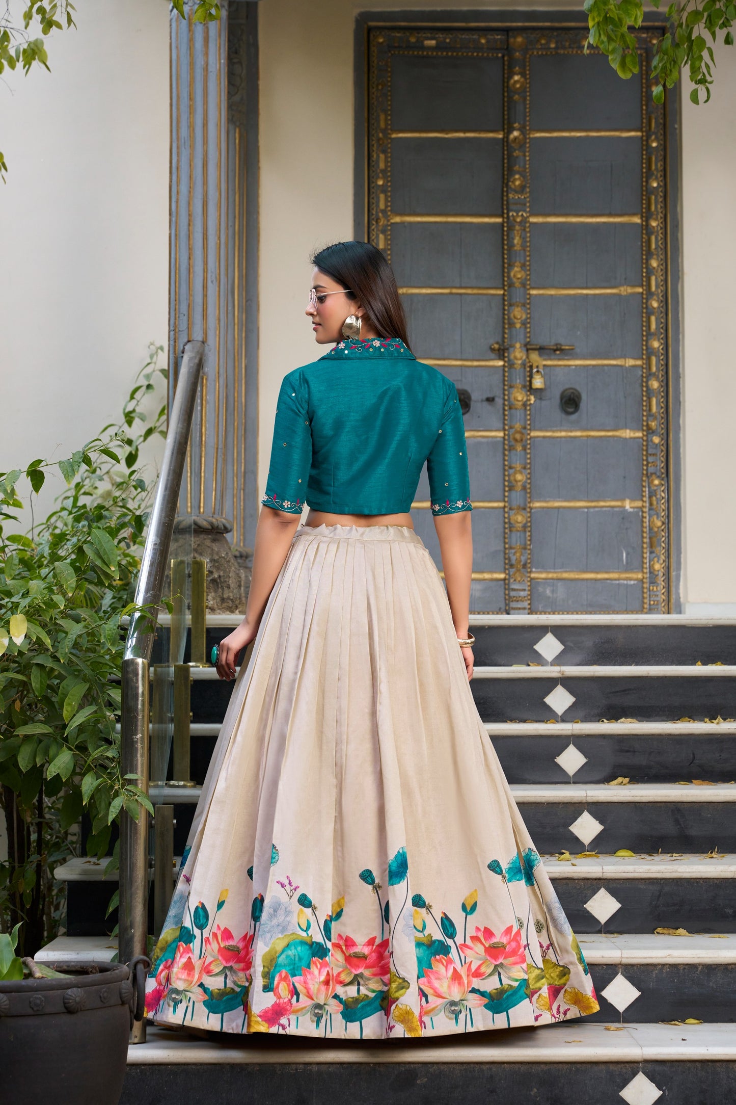 Unfold the beauty of Tussar florals of lehengha choli