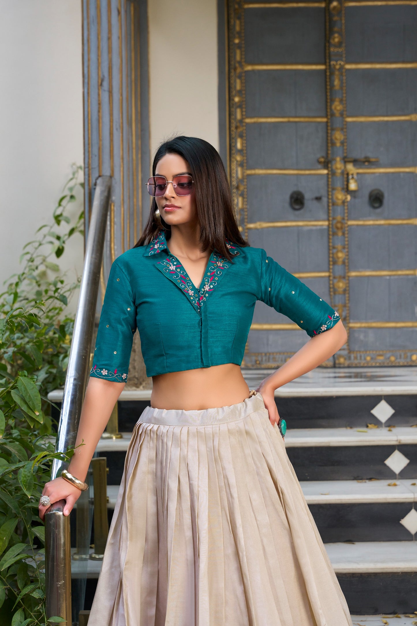 Unfold the beauty of Tussar florals of lehengha choli
