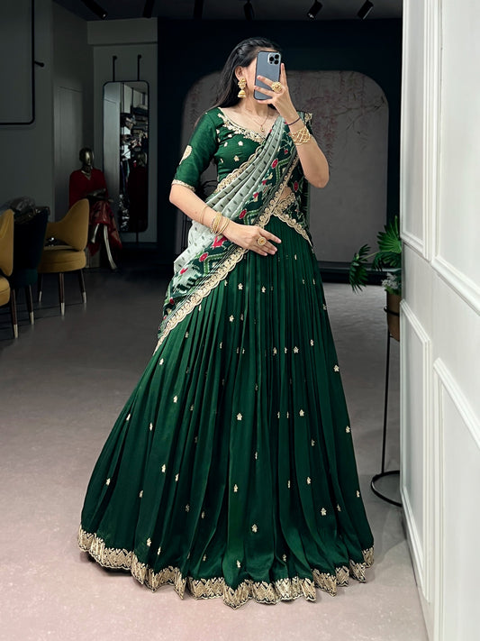 Rich Vichitra silk, graceful flair, and the timeless charm of Tussar silk come together to create a lehenga that speaks pure sophistication. 🌟