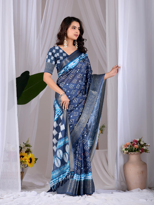 Soft Lichi Silk Saree with stylish bandhani-inspired dot patterns in rich navy blue shades and a woven border