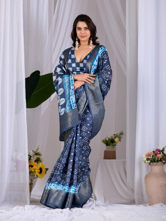 Soft Lichi Silk Saree with stylish bandhani-inspired dot patterns in rich navy blue shades and a woven border