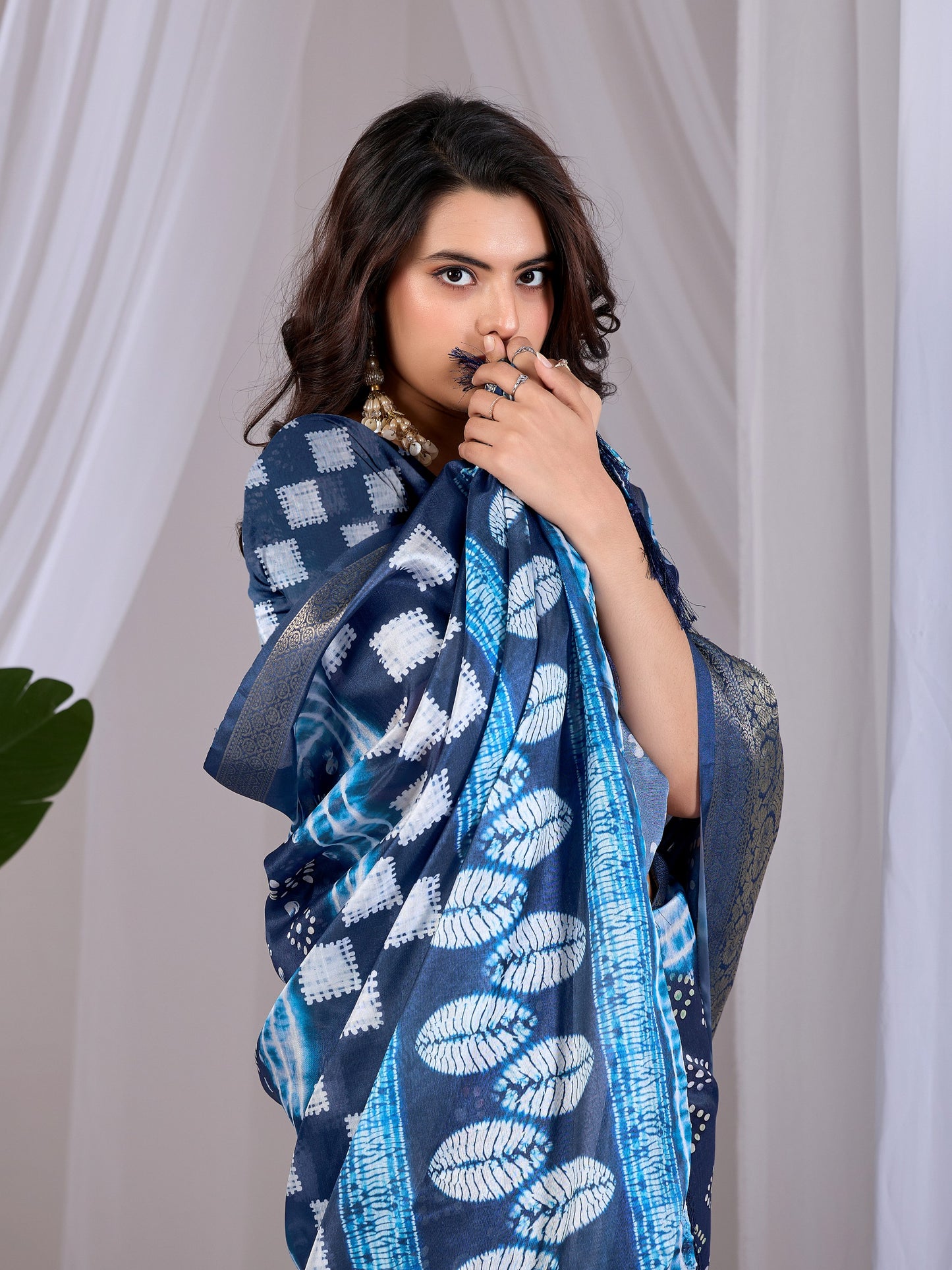 Soft Lichi Silk Saree with stylish bandhani-inspired dot patterns in rich navy blue shades and a woven border