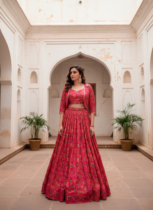Embrace tradition with a touch of elegance in this Tasar silk Floral Print Wedding Lehenga
