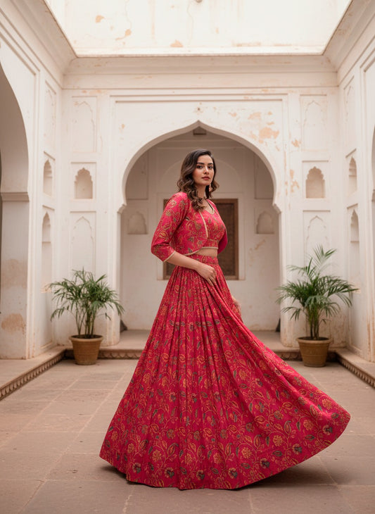 Embrace tradition with a touch of elegance in this Tasar silk Floral Print Wedding Lehenga