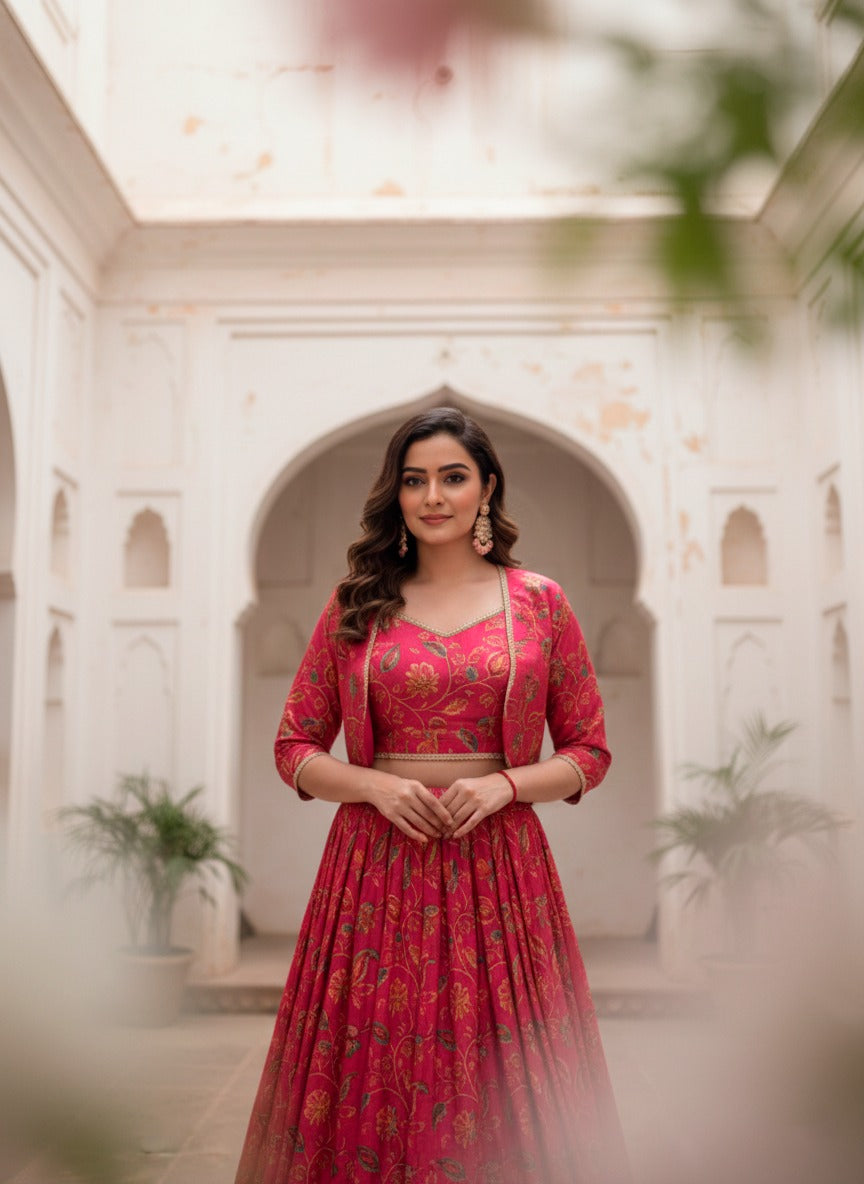 Embrace tradition with a touch of elegance in this Tasar silk Floral Print Wedding Lehenga
