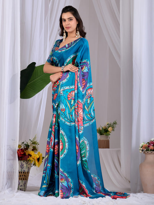 Elegant soft satin georgette saree featuring beautiful multicolor floral  saree