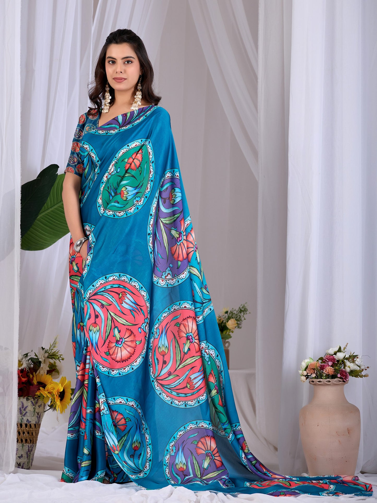 Elegant soft satin georgette saree featuring beautiful multicolor floral  saree