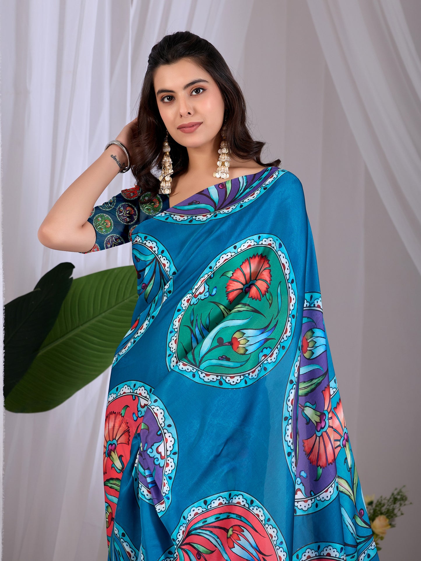 Elegant soft satin georgette saree featuring beautiful multicolor floral  saree