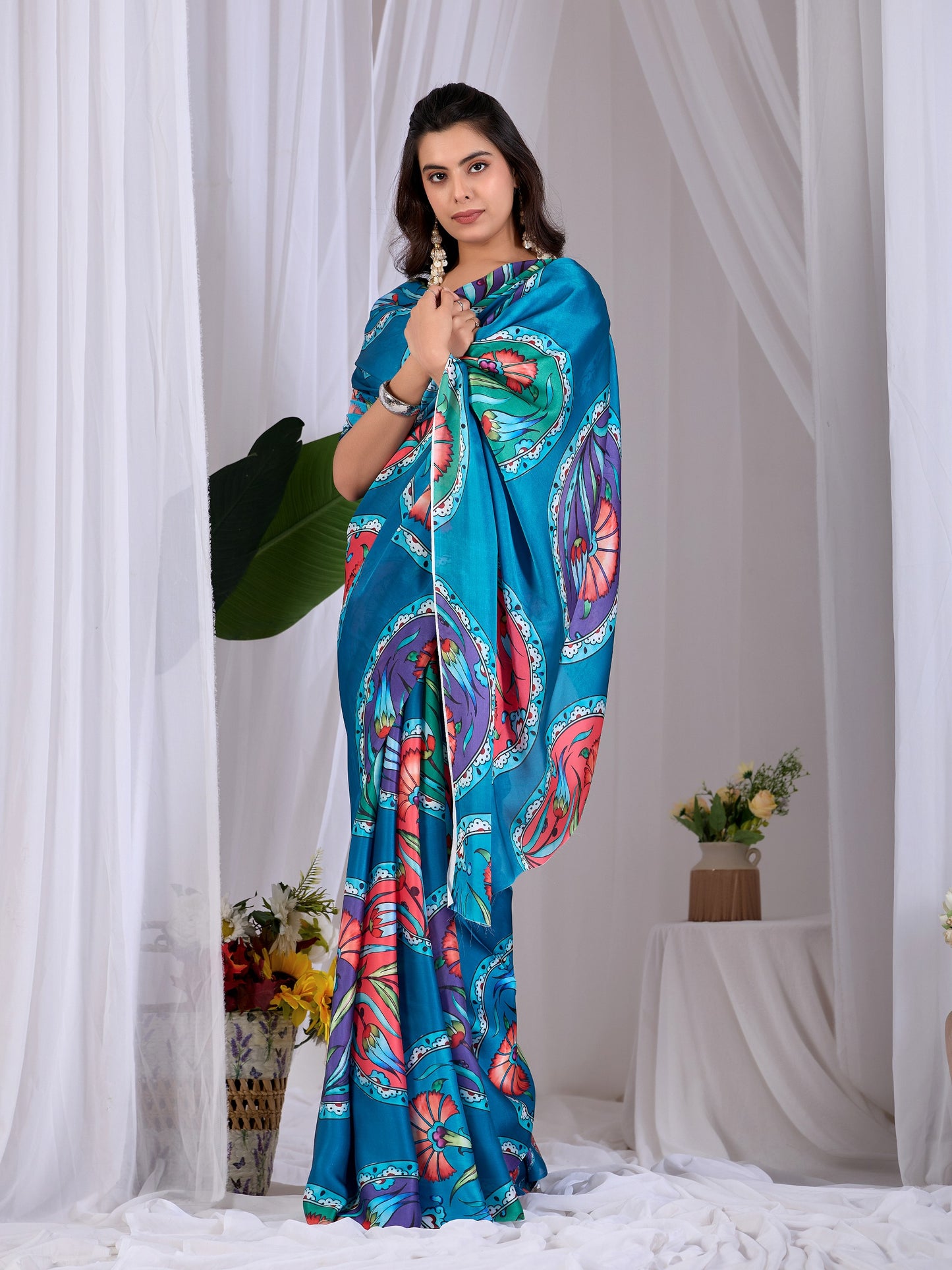 Elegant soft satin georgette saree featuring beautiful multicolor floral  saree