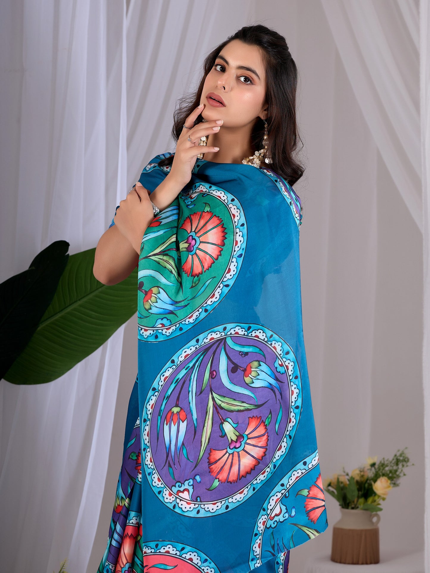 Elegant soft satin georgette saree featuring beautiful multicolor floral  saree