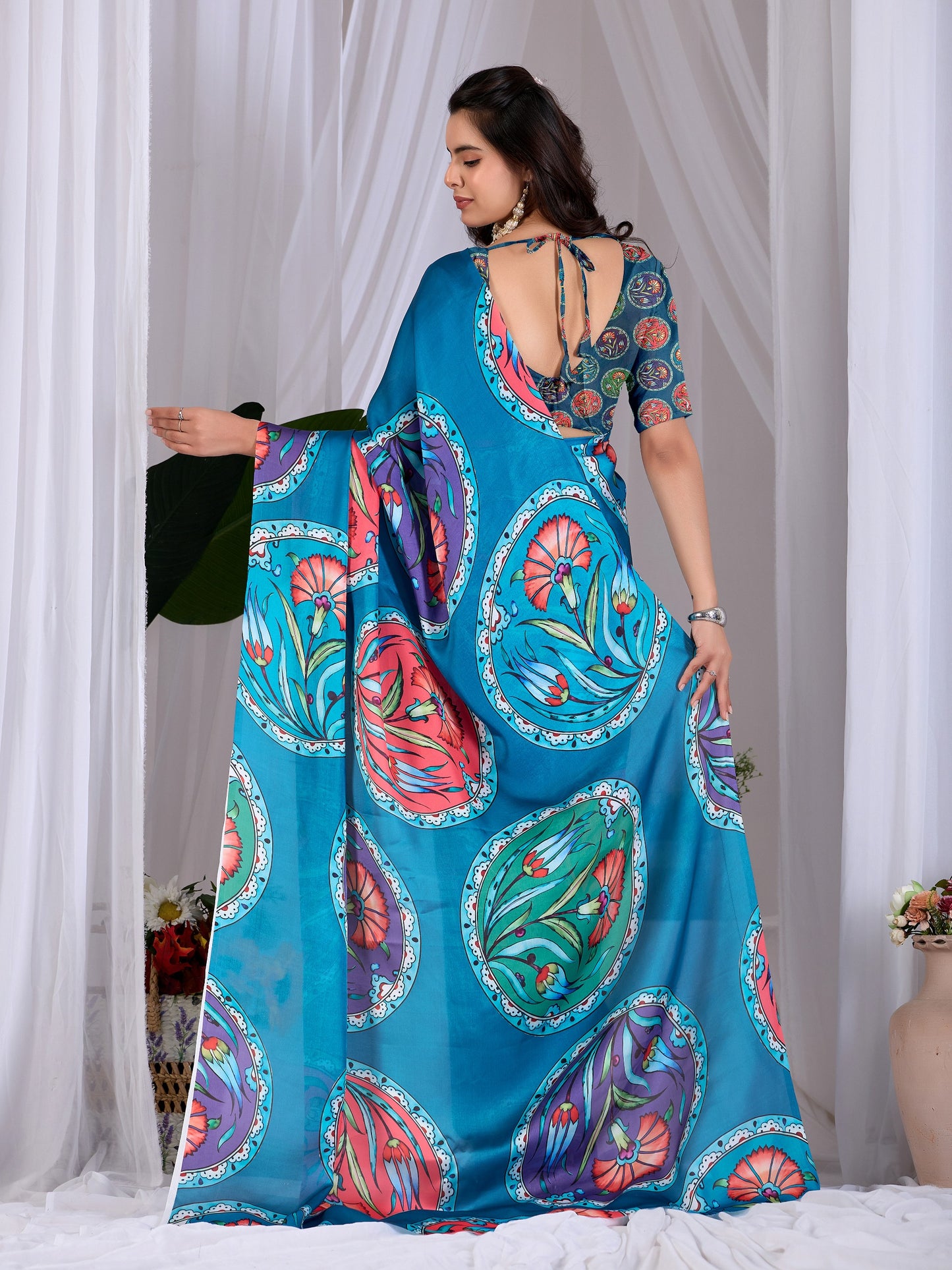 Elegant soft satin georgette saree featuring beautiful multicolor floral  saree