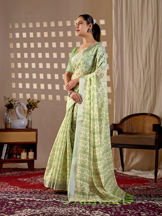 Elegant Soft Linen Cotton Saree featuring beautiful allover floral digital print of saree