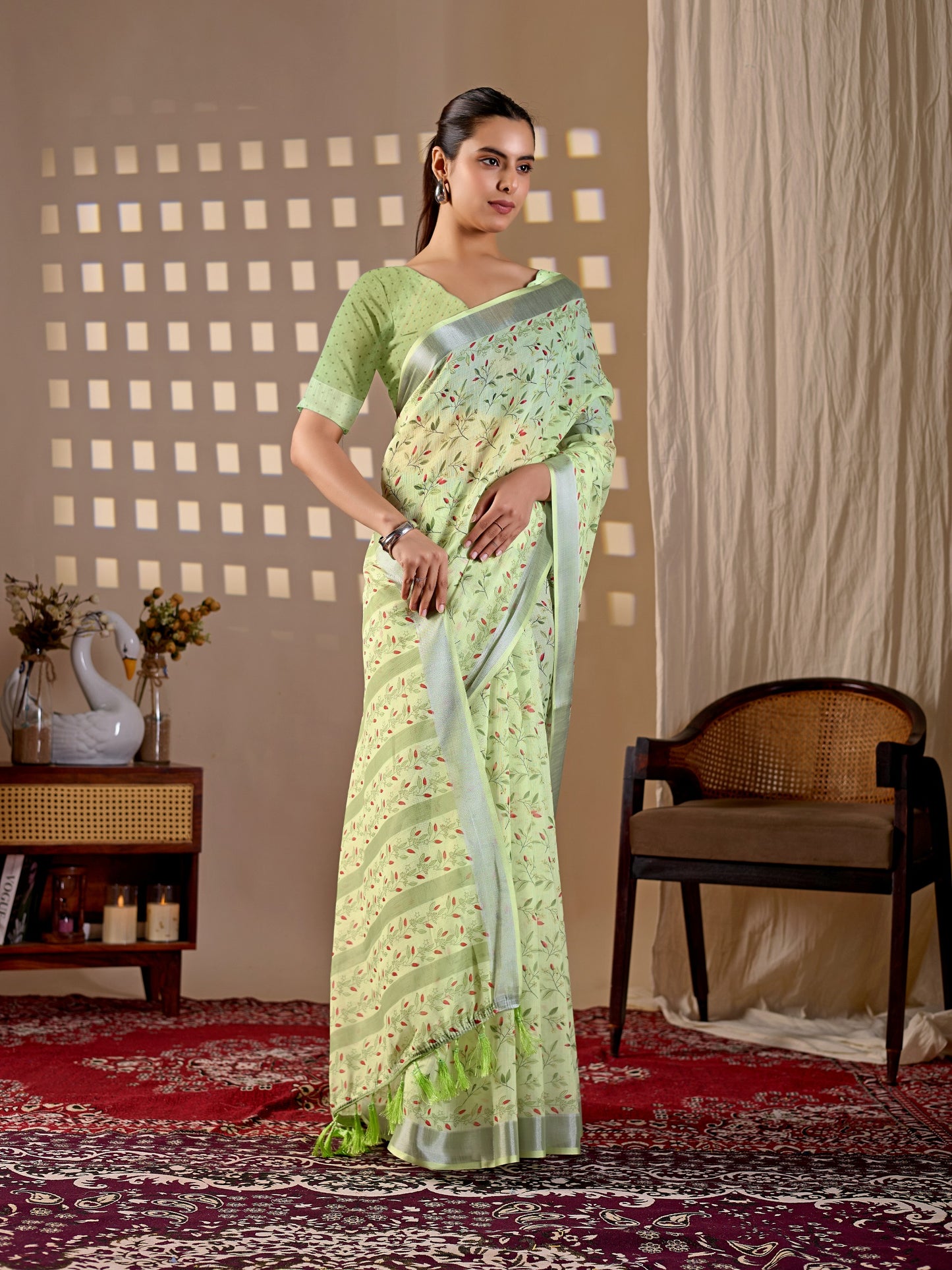 Elegant Soft Linen Cotton Saree featuring beautiful allover floral digital print of saree